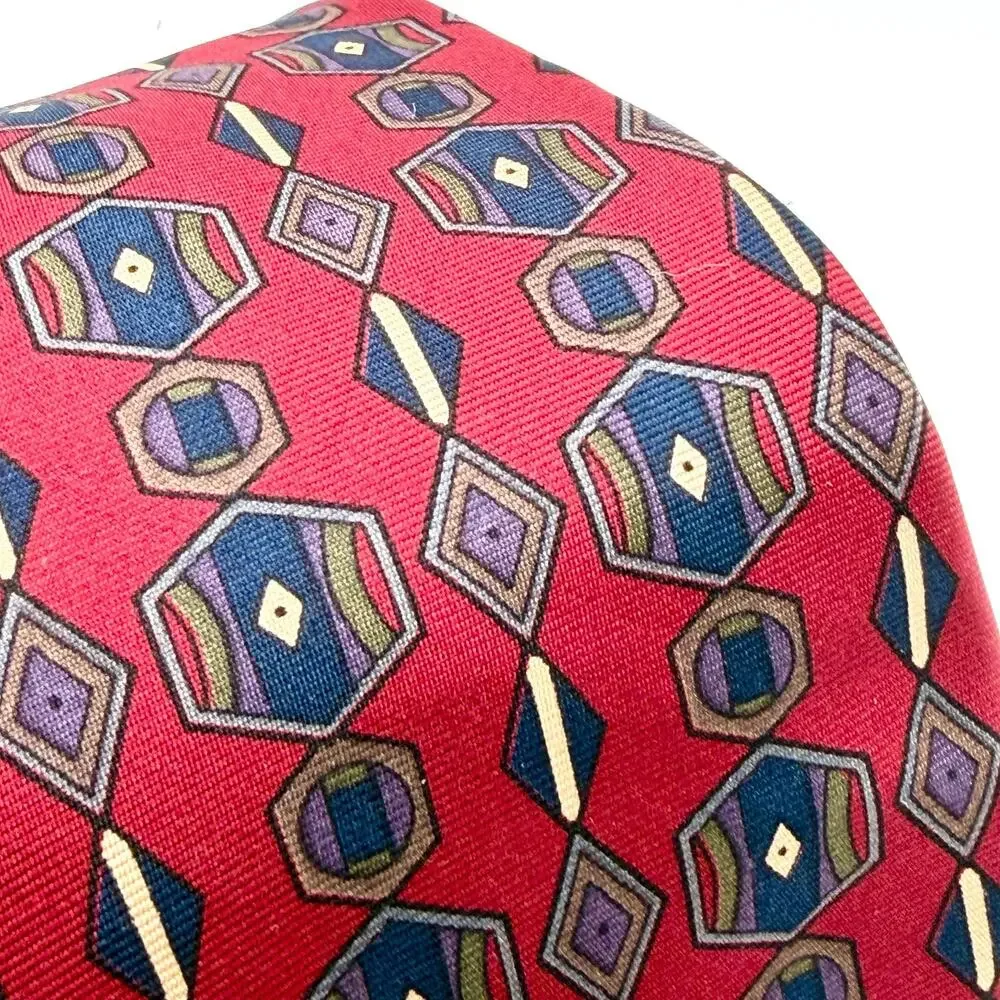 Vintage 90s Albert Nipon Silk Red Navy Geometric Necktie
